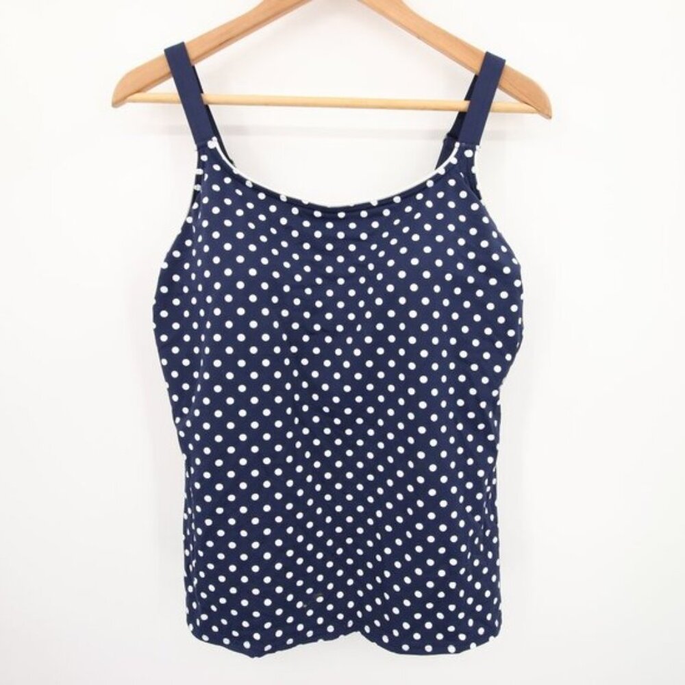 Lands' End Tankini Top Blue White Polka Dot Pattern Swimsuit Swim Size 14 Mast